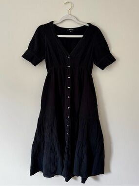 Madewell Gauze Midi Dress, Black Button Front – Size 00 (XXS/XS)
